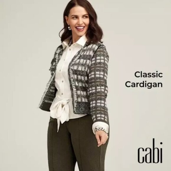 Cabi Plaid Fringe Open Classic Cardigan Sweater #4097 Brown Gray Womens M - Picture 7 of 12